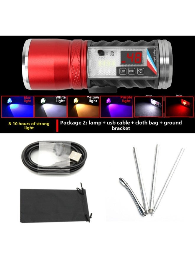Smart Six Light Source Night Fishing Lamp USB Mobile Phone Rechargeable Battery Removable T6 Blue Light Strong Light Fishing Lamp-Color:Package 2: Light + Line + Cloth Bag + Ground Bracket  - Image 1