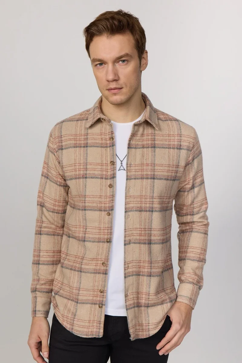 Tudors Slim Fit Slim Cut Checkered Lumberjack Stone Men's Shirt