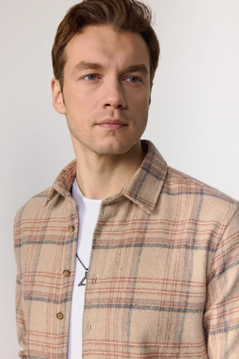 Tudors Slim Fit Slim Cut Checkered Lumberjack Stone Men's Shirt
