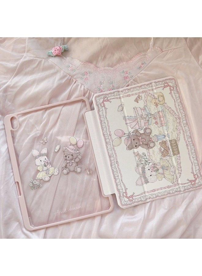 Pink Castle Bear Bunny For IPad7/8/9 Protective Case 11 Inch Flat Tri-fold Air4/air5/-color:pink-Applicable Models:iPad Air1 ( 9.7inch )