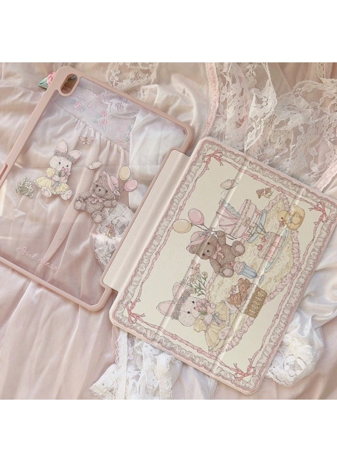 Pink Castle Bear Bunny For IPad7/8/9 Protective Case 11 Inch Flat Tri-fold Air4/air5/-color:pink-Applicable Models:iPad Air1 ( 9.7inch )