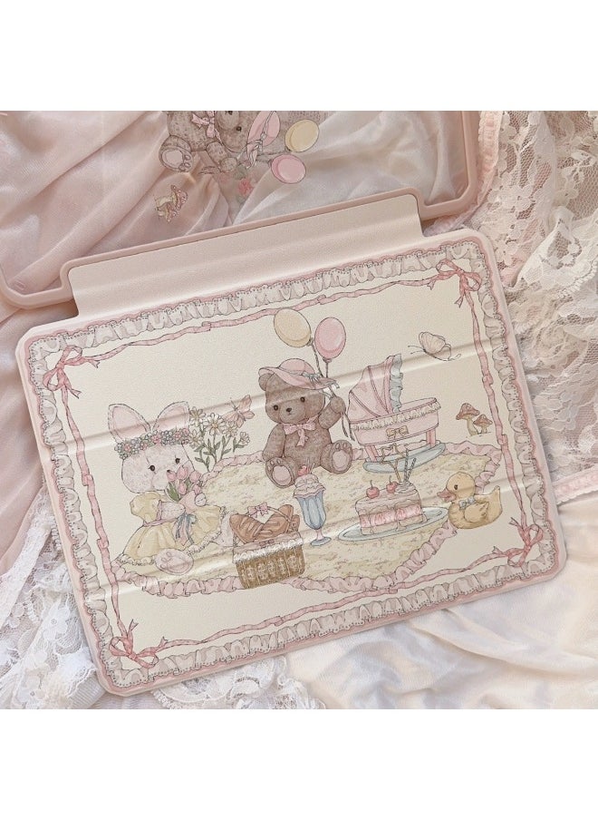 Pink Castle Bear Bunny For IPad7/8/9 Protective Case 11 Inch Flat Tri-fold Air4/air5/-color:pink-Applicable Models:iPad Air1 ( 9.7inch )
