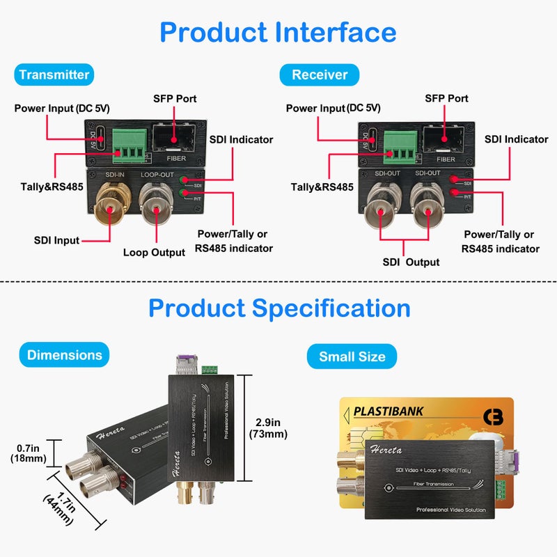 Hereta موسع فيديو Mini 3G-SDI مع مخرج حلقة SDI 1080P محول ألياف 3G-SDI لتمديد المسافات حتى 20 كم عبر جهاز إرسال بصري أحادي الوضع وإشارة Tally أو RS485 عكسية - Image 5