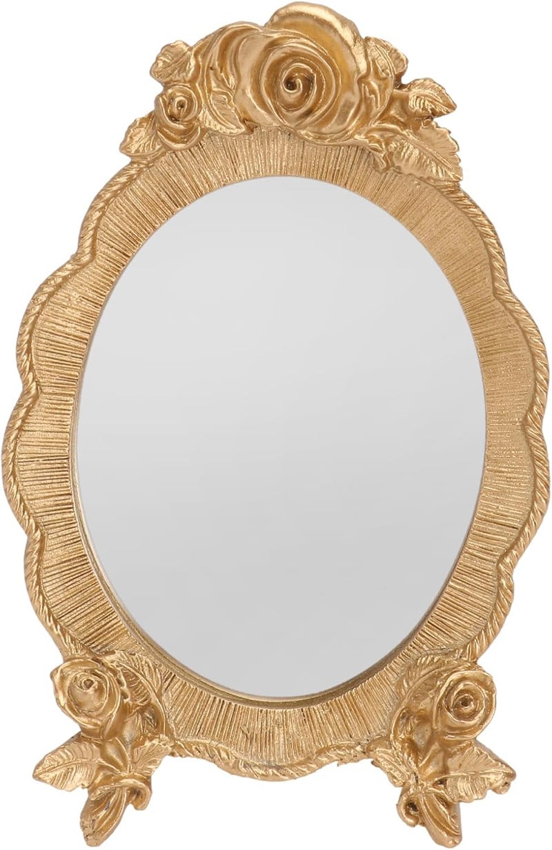HEALLILY Vintage Makeup Mirror Antique Gold Resin Frame Cosmetic Mirror with Frame Decorative Mirror Tabletop Makeup Mirror Elegant European Mirror Decor for Bathroom Bedroom