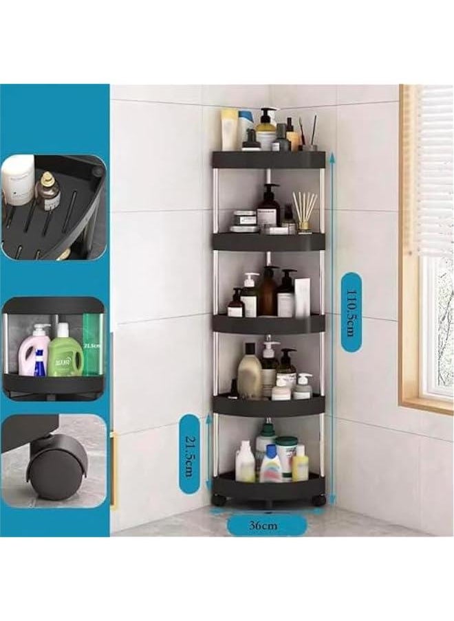 MIXDE - 5 Tiers Bathroom Corner Shelf Organizer with Wheels, Shower Caddy, Kitchen storage rack, Rust Proof Corner Open Storage Cart, Plastic Shower Shelves for for Bathroom, Kitchen, Laundry (Black) - Image 1
