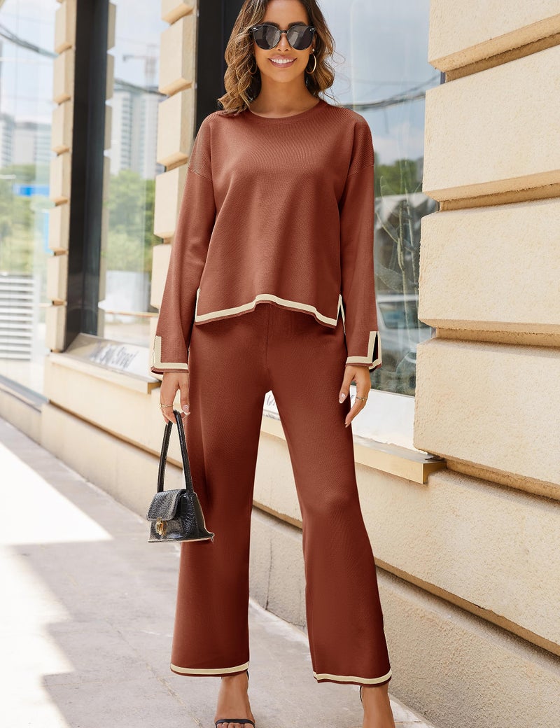 Tanming Women's 2 Piece Outfits Long Sleeve Knit Sweater Top Wide Leg Pants Lounge Sets Tracksuits (Rust, Medium) - Image 2