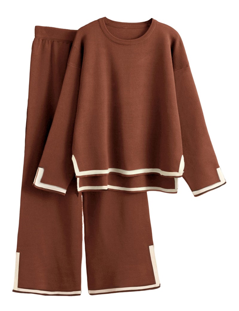 Tanming Women's 2 Piece Outfits Long Sleeve Knit Sweater Top Wide Leg Pants Lounge Sets Tracksuits (Rust, Medium) - Image 1