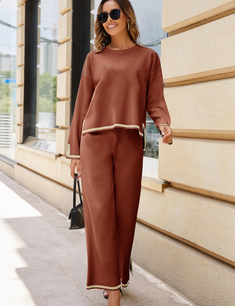 Tanming Women's 2 Piece Outfits Long Sleeve Knit Sweater Top Wide Leg Pants Lounge Sets Tracksuits (Rust, Medium) - Image 3