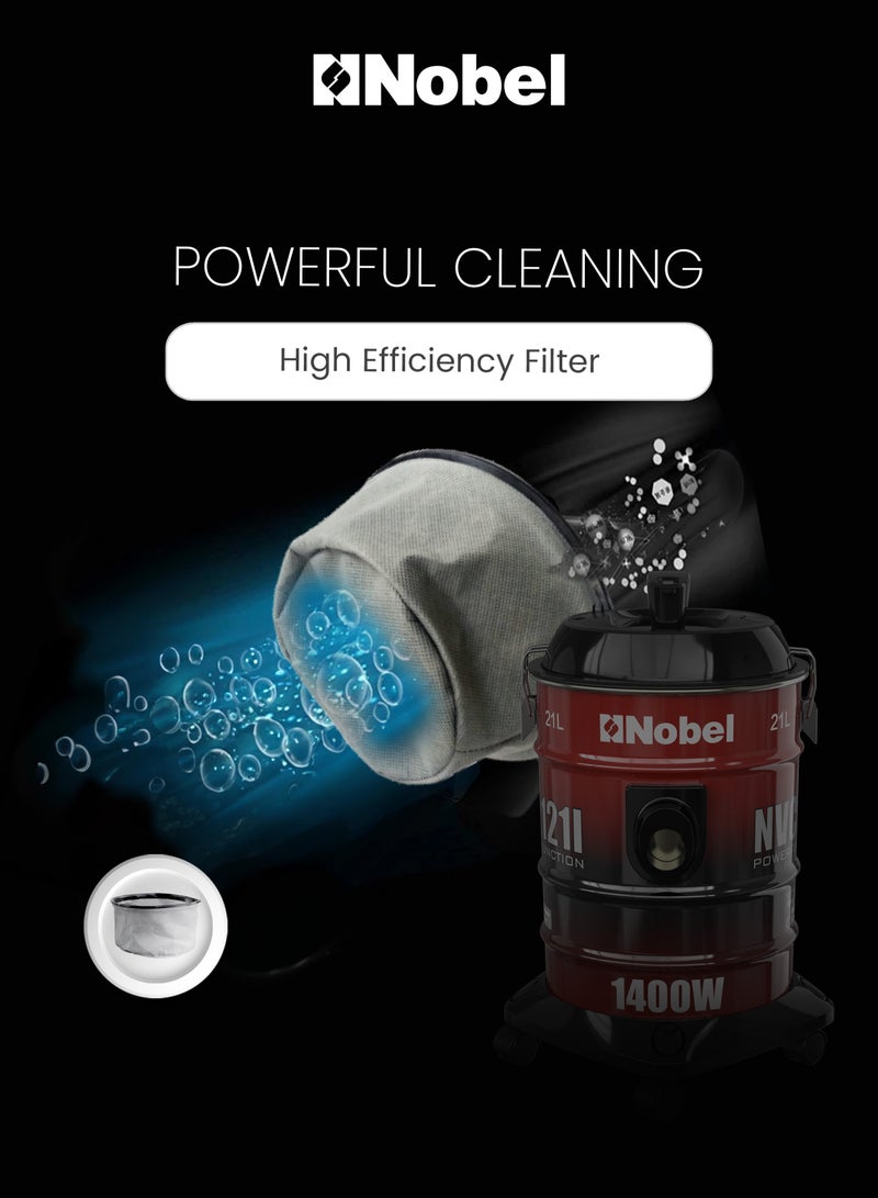 Nobel 21L Capacity Drum Vacuum Cleaner with and Powerful Suction 1400W NVC2121I 21 L 1400 W NVC2121I red - Image 5