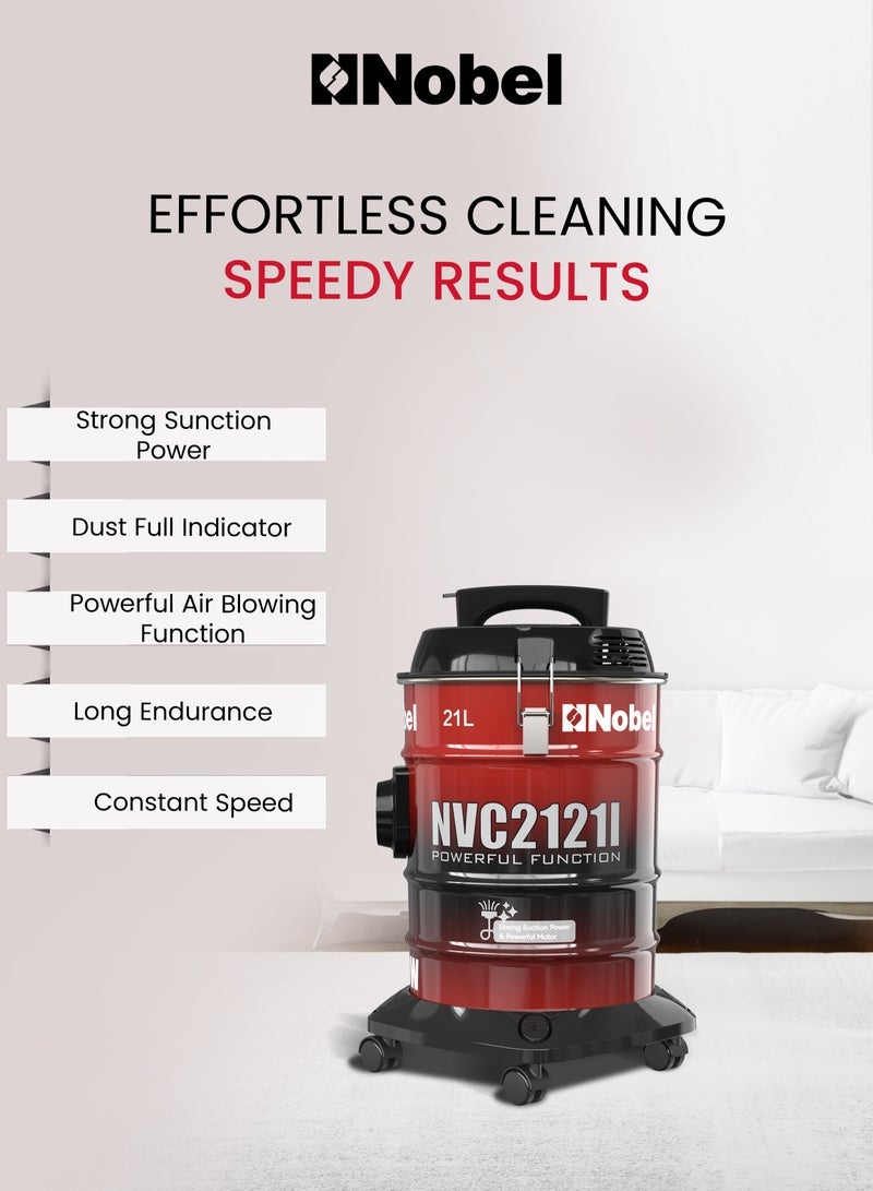 Nobel 21L Capacity Drum Vacuum Cleaner with and Powerful Suction 1400W NVC2121I 21 L 1400 W NVC2121I red - Image 3