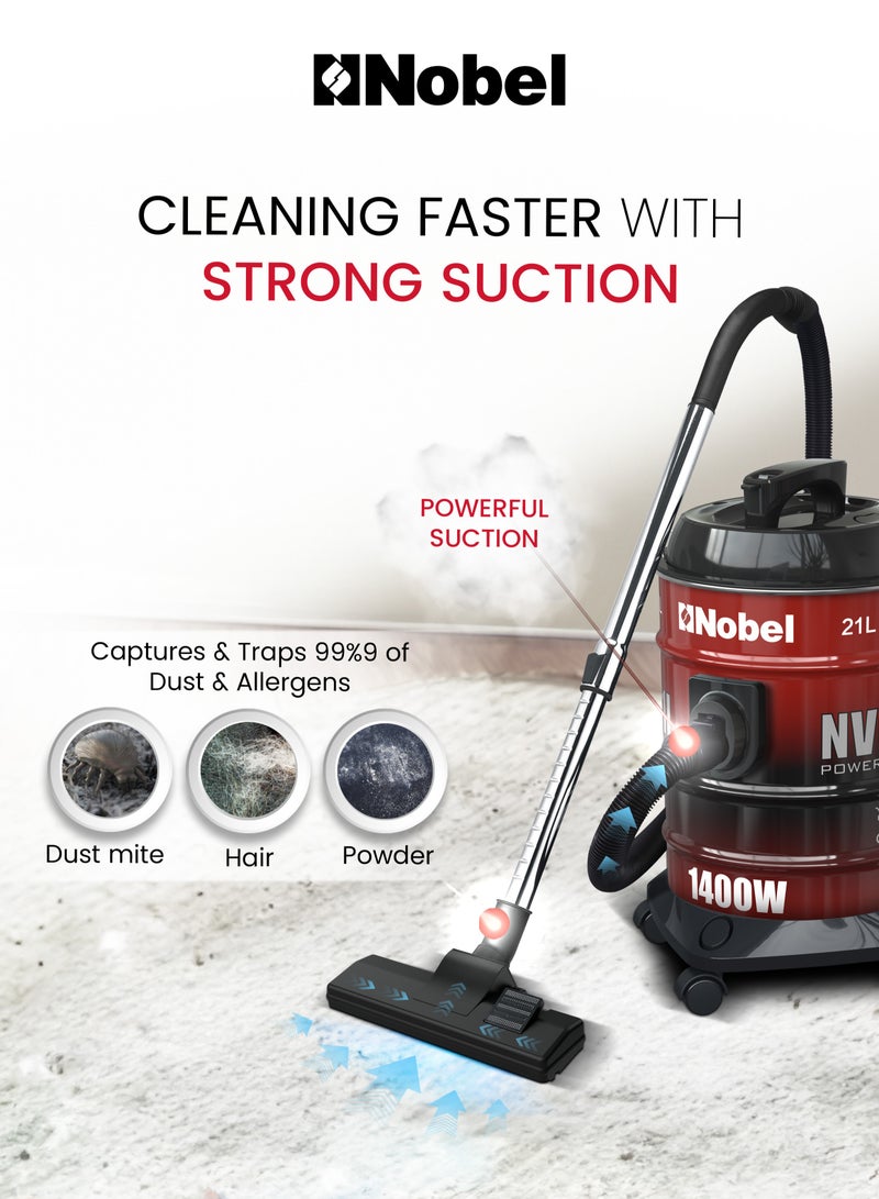 Nobel 21L Capacity Drum Vacuum Cleaner with and Powerful Suction 1400W NVC2121I 21 L 1400 W NVC2121I red - Image 4