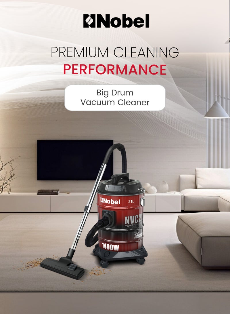 Nobel 21L Capacity Drum Vacuum Cleaner with and Powerful Suction 1400W NVC2121I 21 L 1400 W NVC2121I red - Image 2