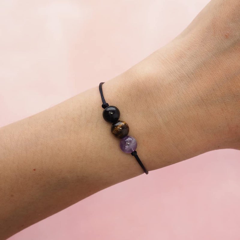BOHO GARDEN Healing Crystal Bracelet for Removing Negativity - Spiritual Beaded Bracelets - 3 Real Natural Gem Stones, Adjustable 3-9.7â€ Rope - Gemstone Jewelry for Men, Women, Teens (13+) - 8mm Bead - Image 4