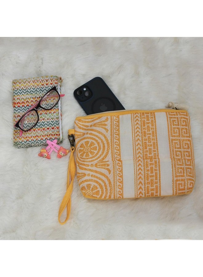 Dekor World Cotton Plaza Circular Lurex Collection Multi Utility Pouch,Cosmetic Bag, Elegant Roomy Makeup Bags,Lipstick Pouch,Zipper Pouch,Great Gifts,(Yellow,Pack of 1 Piece) - Image 2
