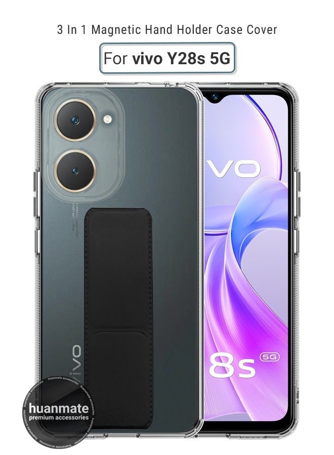 huanmate Vivo Y28s 5G Magnetic Case With Hand Grip Holder & Kickstand - Strong Grip for Magnetic Car Holder, Stylish & Functional, Ultimate Convenience & Hands-Free Viewing - Clear/Black - Image 1