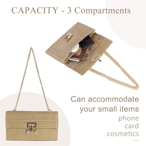 Tellrain Straw Clutch Purses for Women Summer Beach Handbags Boho Vacation Woven Raffia Envelope Wallets Fold Over Rattan Hand Purse Chain Crossbody Shoulder Bag Evening - Image 4