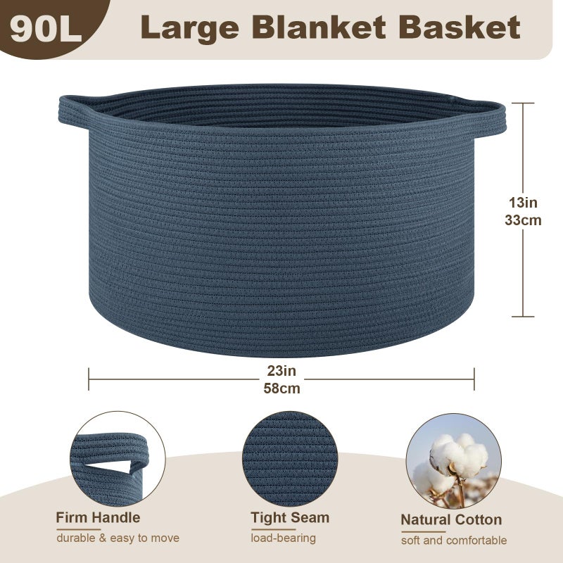 OIAHOMY 90L Blanket Basket for Living Room, Large Basket 23" x 23" x 13" with Handle, Laundry Hamper for Blankets, Pillows, Toy Storage for Kids, Dogs - Blue - Image 2