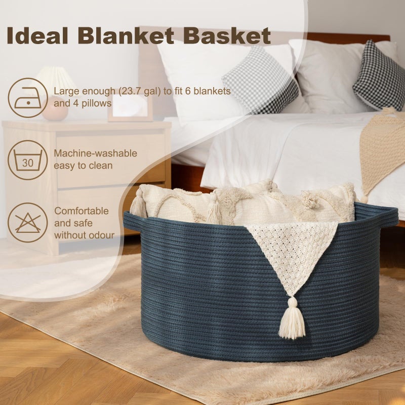 OIAHOMY 90L Blanket Basket for Living Room, Large Basket 23" x 23" x 13" with Handle, Laundry Hamper for Blankets, Pillows, Toy Storage for Kids, Dogs - Blue - Image 3