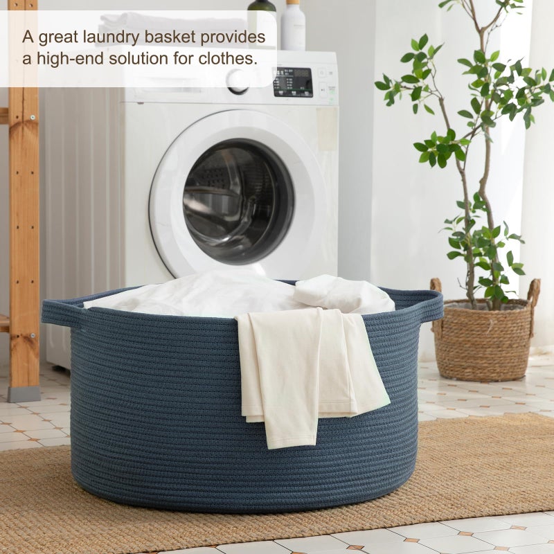 OIAHOMY 90L Blanket Basket for Living Room, Large Basket 23" x 23" x 13" with Handle, Laundry Hamper for Blankets, Pillows, Toy Storage for Kids, Dogs - Blue - Image 4