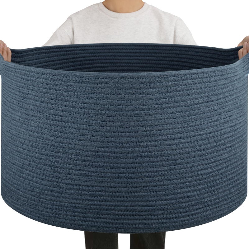 OIAHOMY 90L Blanket Basket for Living Room, Large Basket 23" x 23" x 13" with Handle, Laundry Hamper for Blankets, Pillows, Toy Storage for Kids, Dogs - Blue - Image 1