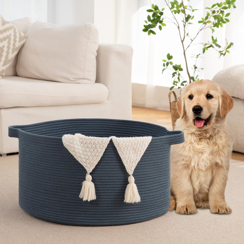 OIAHOMY 90L Blanket Basket for Living Room, Large Basket 23" x 23" x 13" with Handle, Laundry Hamper for Blankets, Pillows, Toy Storage for Kids, Dogs - Blue - Image 5