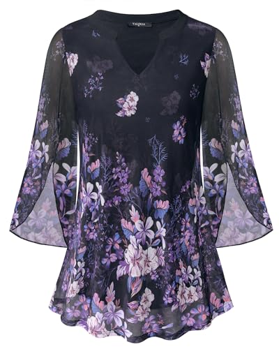 VALOLIA Black Blouses for Women Plus Size: 3/4 Sleeve - Ladies Tops and Blouses Classy - Boho Peasant Tops for Women Fancy Fashion V Neck Bell Sleeve Tunic Shirts L - Image 1