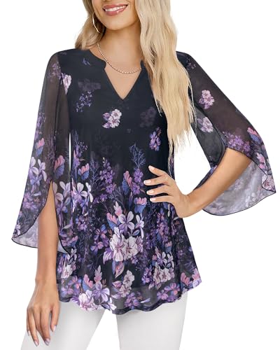 VALOLIA Black Blouses for Women Plus Size: 3/4 Sleeve - Ladies Tops and Blouses Classy - Boho Peasant Tops for Women Fancy Fashion V Neck Bell Sleeve Tunic Shirts L - Image 3