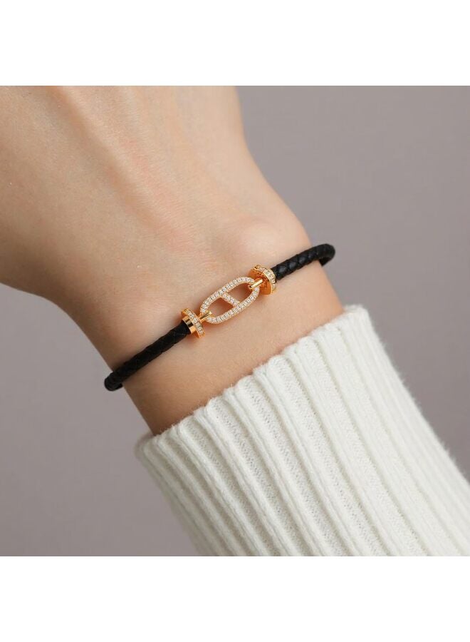 LAMAY Unisex Genuine Leather Braided 17cm Black Bracelet with Cubic Zirconia - Image 4