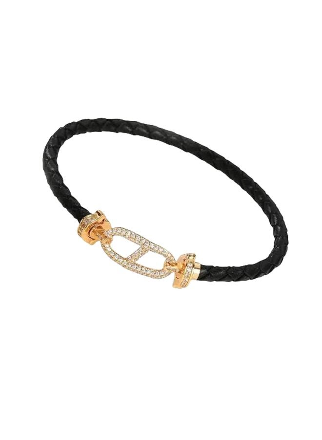 LAMAY Unisex Genuine Leather Braided 17cm Black Bracelet with Cubic Zirconia - Image 1