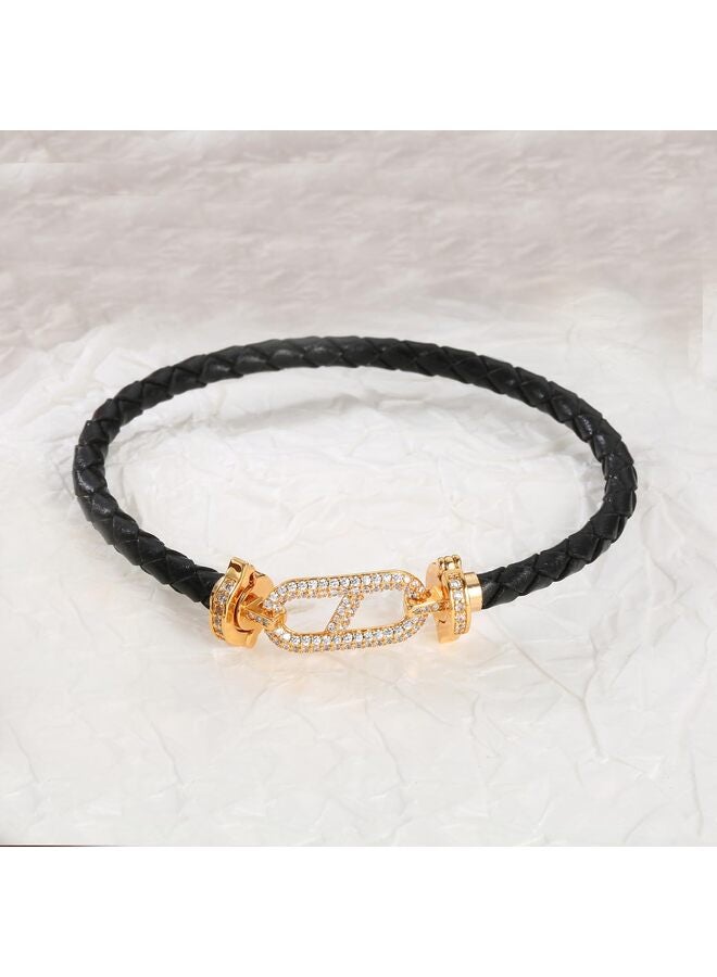 LAMAY Unisex Genuine Leather Braided 17cm Black Bracelet with Cubic Zirconia - Image 2
