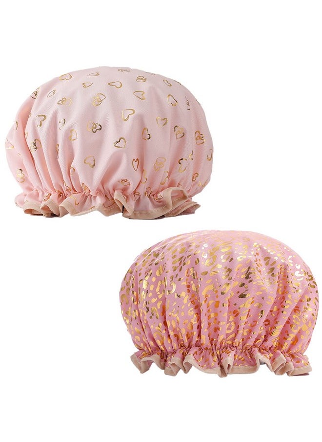 Qeuly - 2 Pack Waterproof Shower Cap Reusable Shower Cap For Women Elastic Bathing Shower Hat Double Layers Bathing Hair Cap Peva Lined Shower Hair Bath Cap (Pink) - Image 1