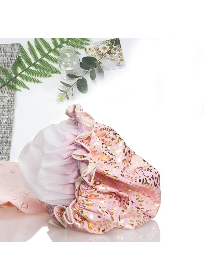 Qeuly - 2 Pack Waterproof Shower Cap Reusable Shower Cap For Women Elastic Bathing Shower Hat Double Layers Bathing Hair Cap Peva Lined Shower Hair Bath Cap (Pink) - Image 1