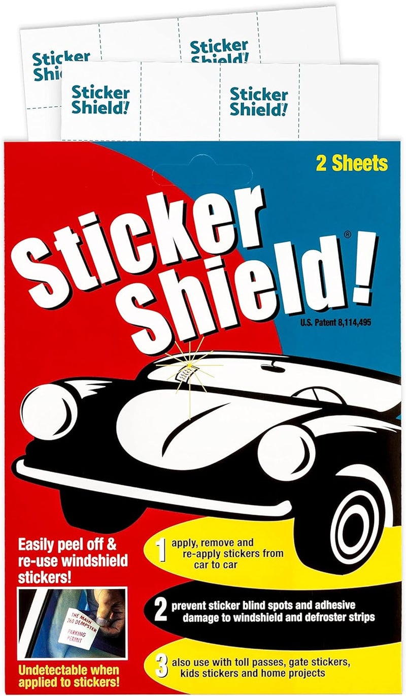 STICKER SHIELD **** – أداة لتطبيق ملصقات الزجاج الأمامي لسهولة التطبيق والإزالة وإعادة التطبيق من سيارة إلى أخرى؛ عبوة واحدة تحتوي على شرائح بحجم 4 بوصة × 6 بوصة (مجموع 2 شريطين). - Image 1