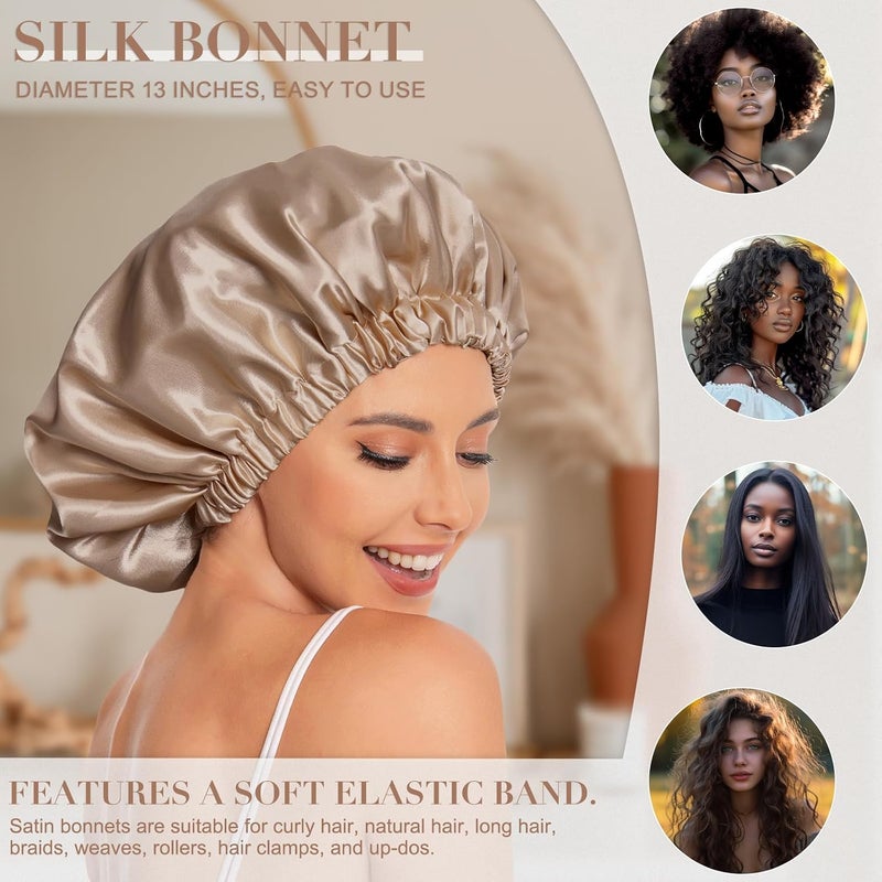 Edoneery Satin Bonnet Silk Bonnet Hair Bonnet for Sleeping-Slouchy Beanie Hat Satin Sleep Cap for Women's Natural & Curly Hair(Khaki) - Image 3