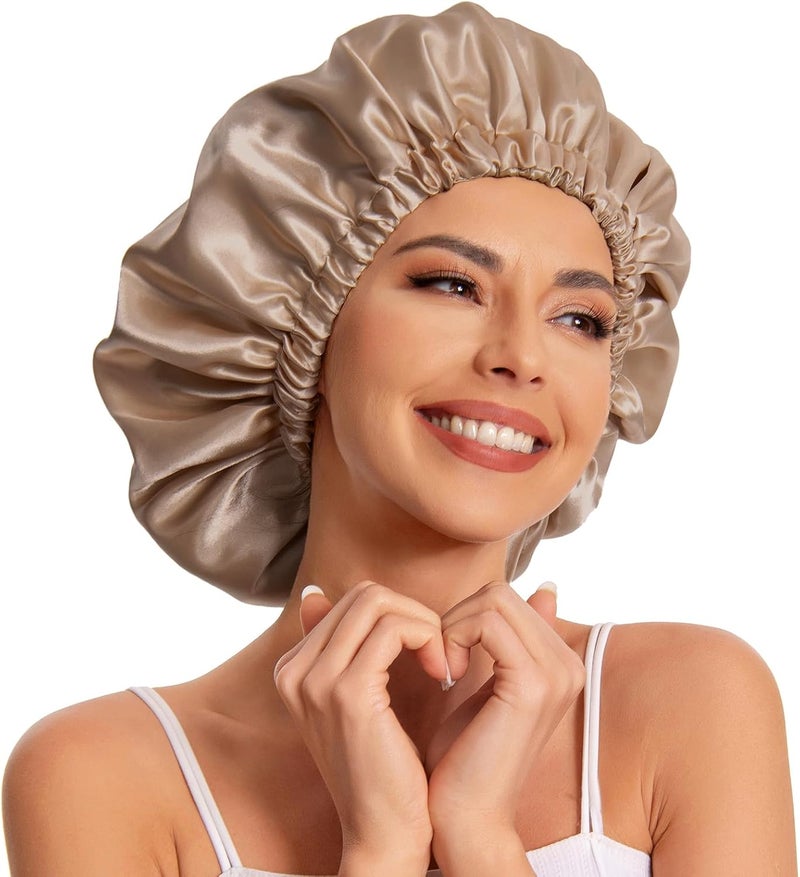 Edoneery Satin Bonnet Silk Bonnet Hair Bonnet for Sleeping-Slouchy Beanie Hat Satin Sleep Cap for Women's Natural & Curly Hair(Khaki) - Image 1