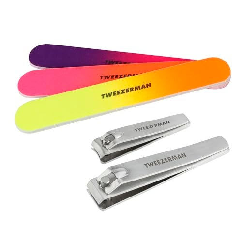 Tweezerman Stainless Steel Nail Clipper Combo Set with Three Neon Nail Files - Image 1