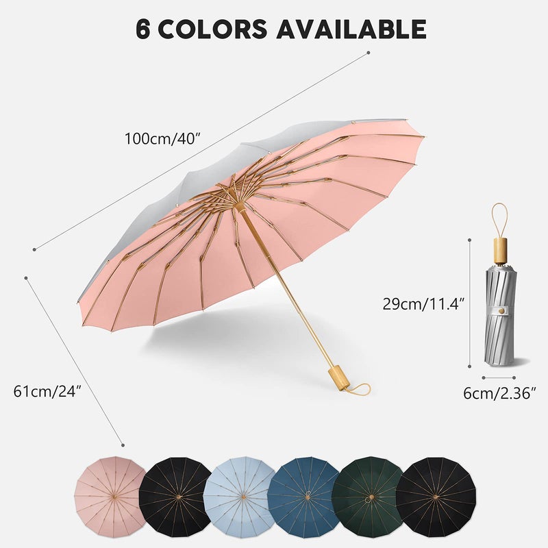 Sun/Rain Compact Umbrella, UPF 50 UV Protection 16 Fibreglass Ribs Super Windproof Folding Umbrella Parasol, Sun Blocking Travel Golf UV Umbrella - Image 5