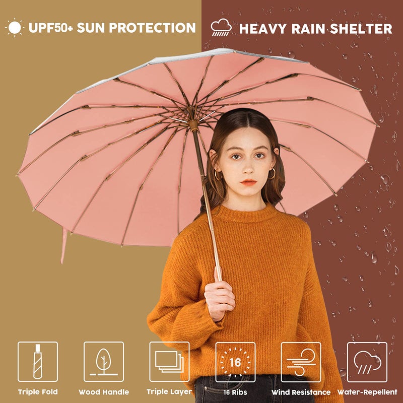 Sun/Rain Compact Umbrella, UPF 50 UV Protection 16 Fibreglass Ribs Super Windproof Folding Umbrella Parasol, Sun Blocking Travel Golf UV Umbrella - Image 4