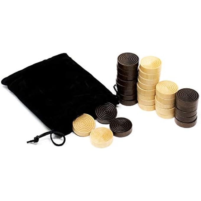 DA VINCI Solid Wood Backgammon and Checkers Pieces 30 Replacement Ridged Game Chips with Cloth Storage Bag (1.25 Inch Diameter) - Image 1