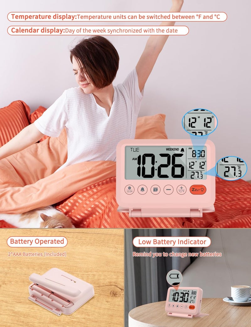 MeesMeek ساعة منبه رقمية للسفر من MeesMeek - شاشة LCD مقاس 3.54 بوصة، غفوة لمدة 9 دقائق ومستوى صوت وبطارية خلفية (وردي) - Image 5