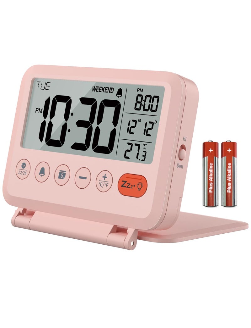 MeesMeek ساعة منبه رقمية للسفر من MeesMeek - شاشة LCD مقاس 3.54 بوصة، غفوة لمدة 9 دقائق ومستوى صوت وبطارية خلفية (وردي) - Image 1