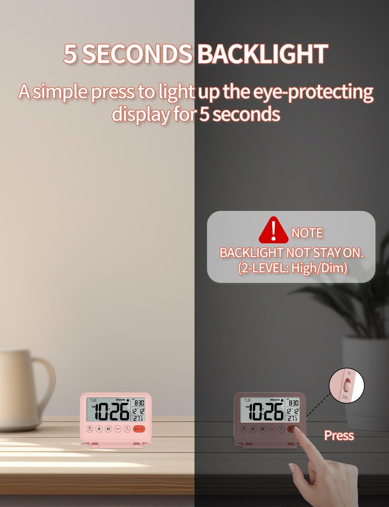 MeesMeek ساعة منبه رقمية للسفر من MeesMeek - شاشة LCD مقاس 3.54 بوصة، غفوة لمدة 9 دقائق ومستوى صوت وبطارية خلفية (وردي) - Image 4