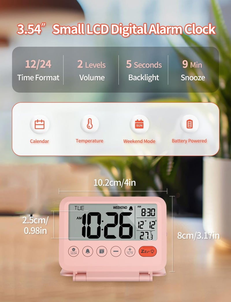 MeesMeek ساعة منبه رقمية للسفر من MeesMeek - شاشة LCD مقاس 3.54 بوصة، غفوة لمدة 9 دقائق ومستوى صوت وبطارية خلفية (وردي) - Image 2