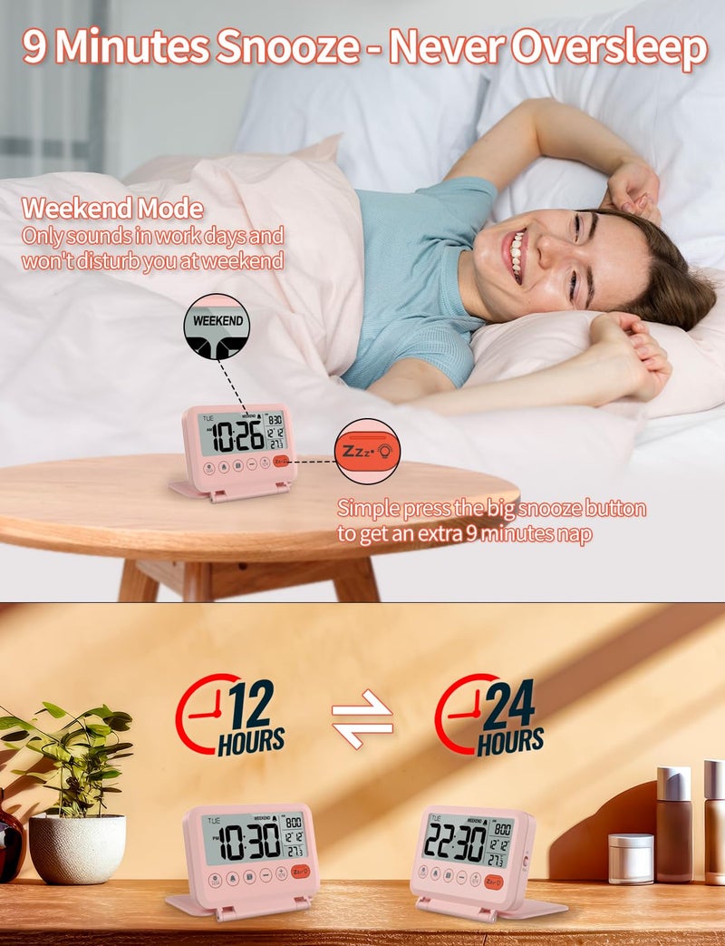 MeesMeek ساعة منبه رقمية للسفر من MeesMeek - شاشة LCD مقاس 3.54 بوصة، غفوة لمدة 9 دقائق ومستوى صوت وبطارية خلفية (وردي) - Image 3