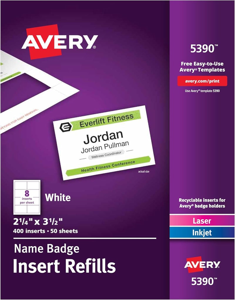AVERY Customizable Name Badge Inserts, 2.25” x 3.5”, White, 400 Printable Name Tag Inserts (5390) (Pack of 5) - Image 1