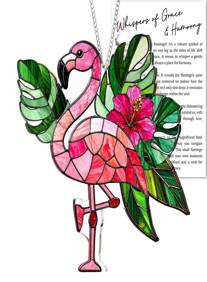 DINIZON Flamingo Acrylic Suncatcher Window Hanging Ornament with Story Card, Flamingo Gifts for Women, Pink Christmas Tree Decorations, Tropical Palm Flamingos Hanging Decorations, Summer Christmas Ornament - Image 1