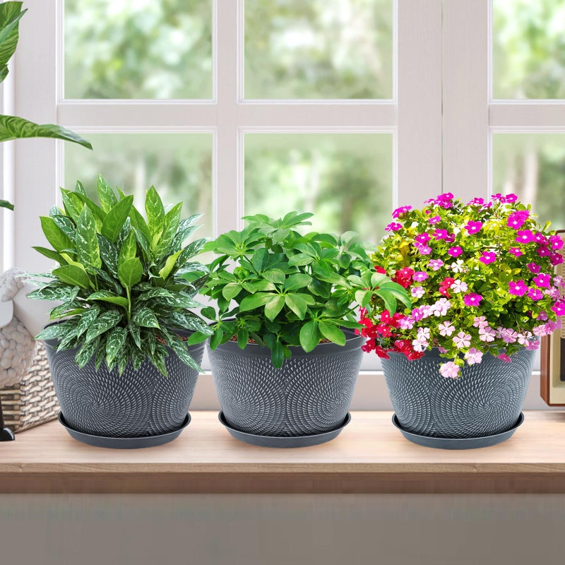 Quarut 10 Inch Flower Pots Planters for Outdoor Indoor, 3 Pack Plastic Plant Pots with Drainage Hole & Tray, Modern Decorative Garden Pot with Saucer, planters for House (Gray) - Image 5