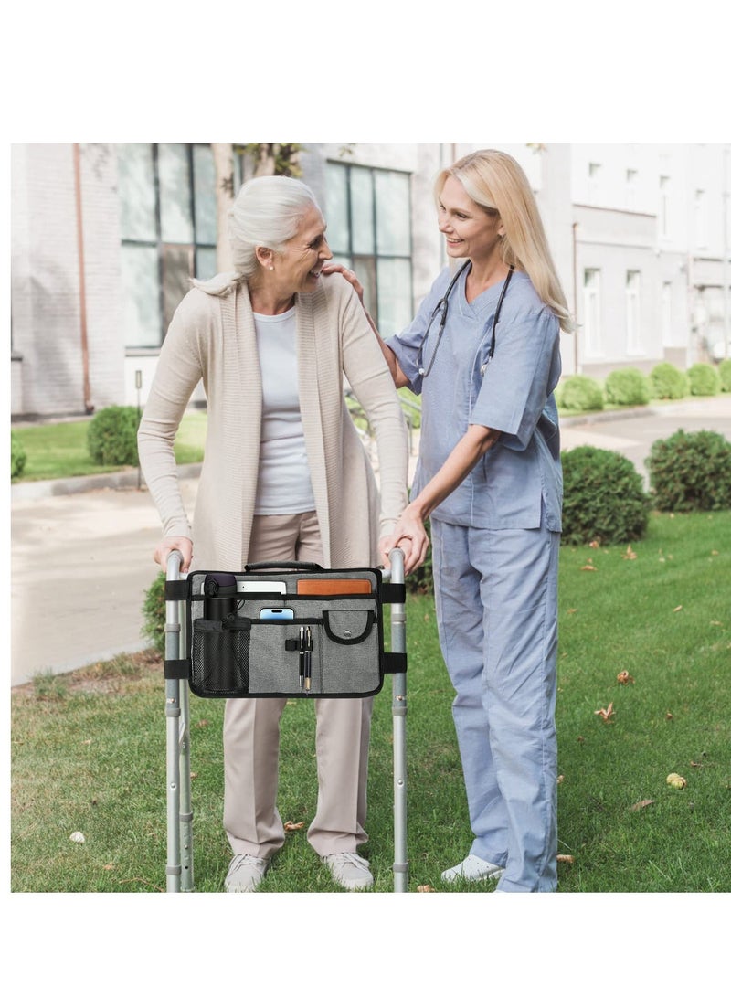 Double Sided Walker Bag Waterproof Wheelchair Side Organizer Pouch Tote Walker Storage Bag with Cup Holder Walker Pouch Tote for Rollator and Folding Walker Great Gift for Older Family Gray - Image 5