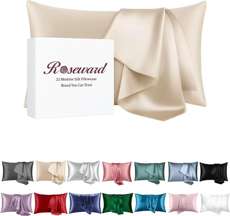 ROSEWARD Beige Silk Pillow Cases with Zipper Made in USA, Real Silk Pillowcase for Acne Prone Skin Standard Size, 6A Grade Pure 22 Momme Mulberry Silk Pillow Cover (Standard, Beige) - Image 1
