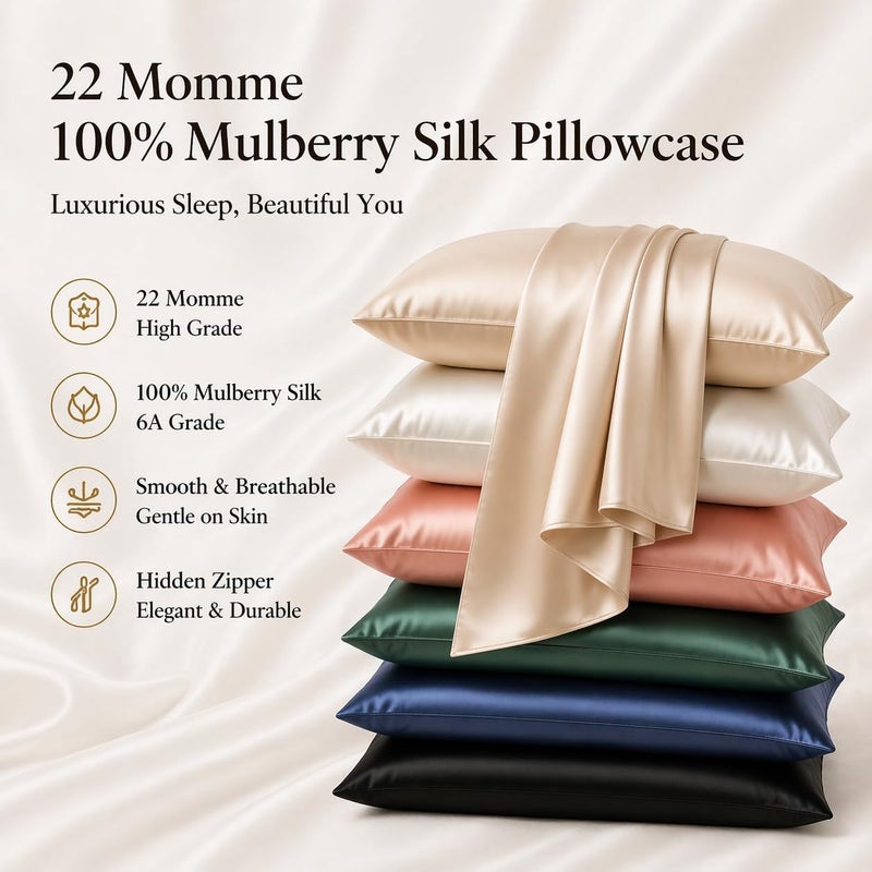 ROSEWARD Beige Silk Pillow Cases with Zipper Made in USA, Real Silk Pillowcase for Acne Prone Skin Standard Size, 6A Grade Pure 22 Momme Mulberry Silk Pillow Cover (Standard, Beige) - Image 2